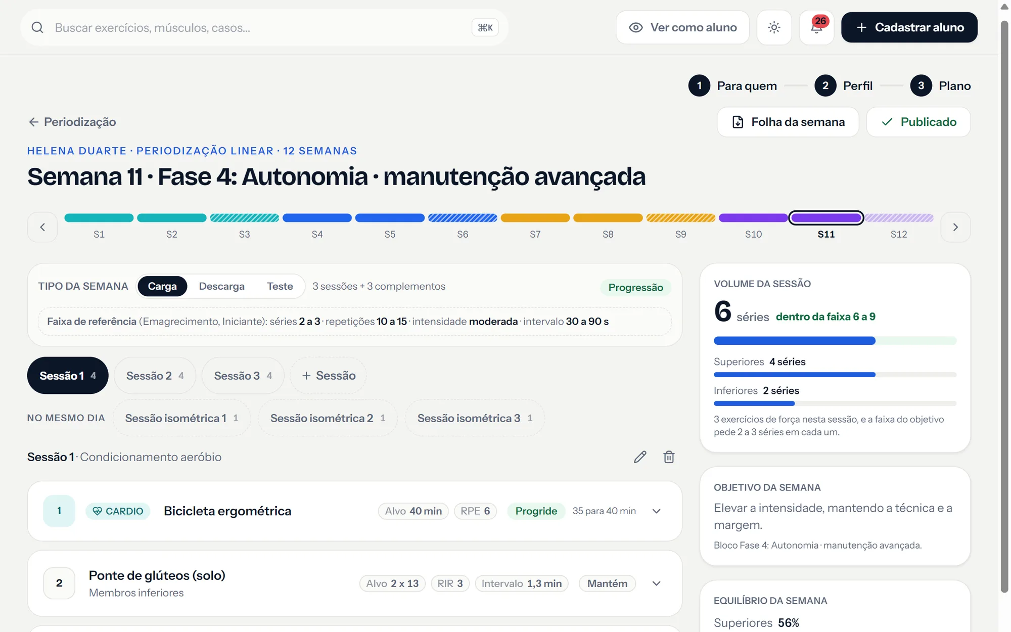 Tela do Mapa: a semana 11 do plano da Helena, com a faixa de referência e o volume da sessão dentro da faixa