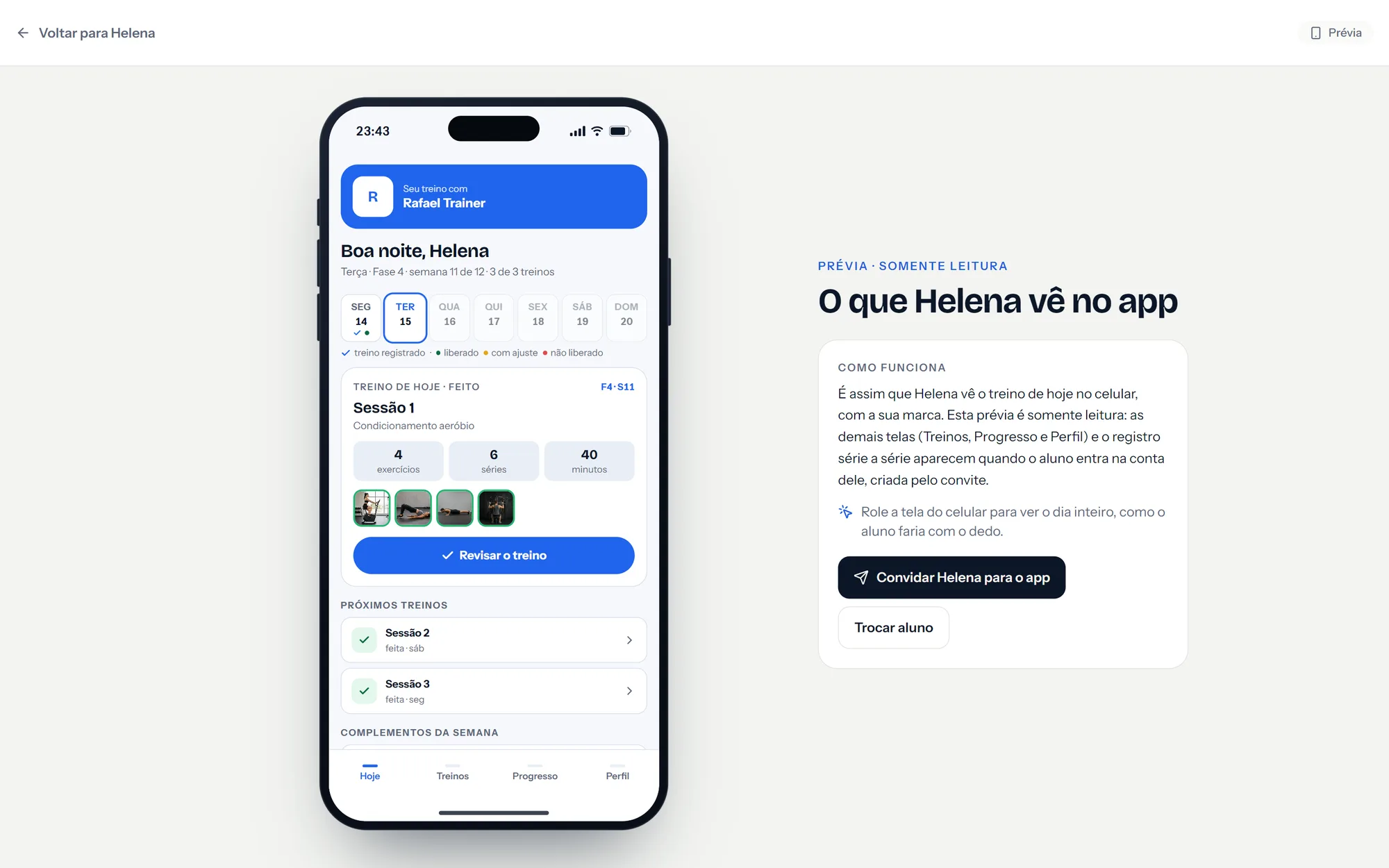 Tela do Mapa: a prévia do app do aluno, com a marca do profissional e o treino de hoje